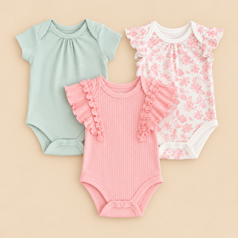 Sweet Petals 3-Piece Cotton Baby Girl Bodysuit Set – Mint Green, Pink & Floral (0–12 Months)