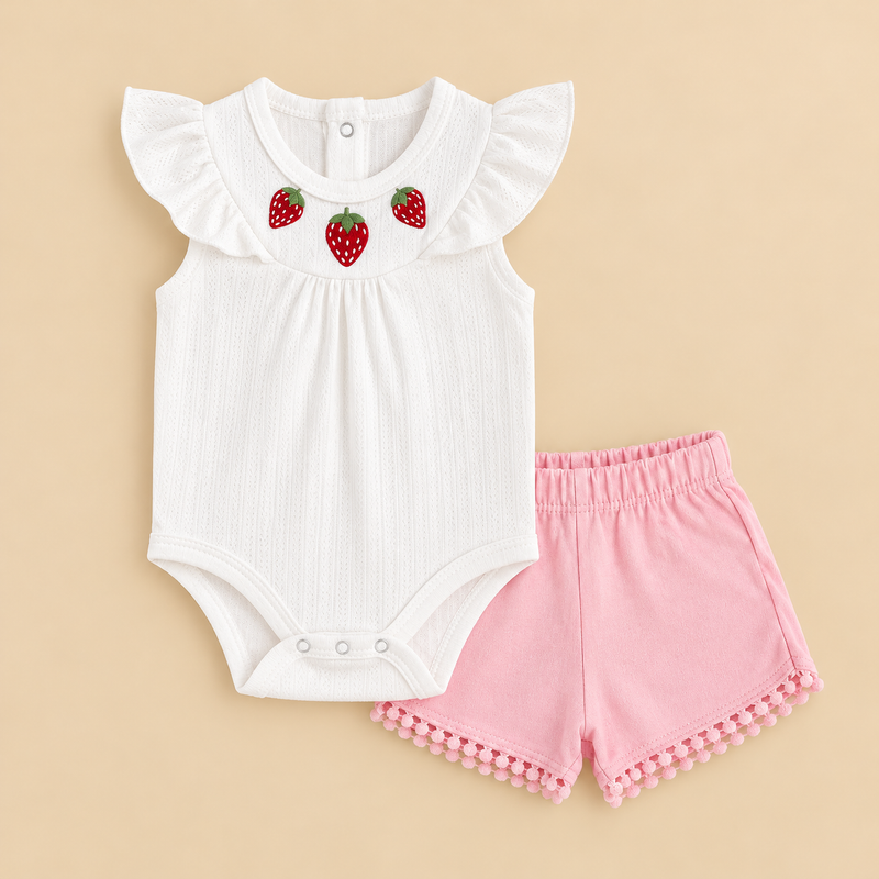 Baby Girls' Strawberry Embroidered Bodysuit & Pink Shorts Set – 2 Pieces