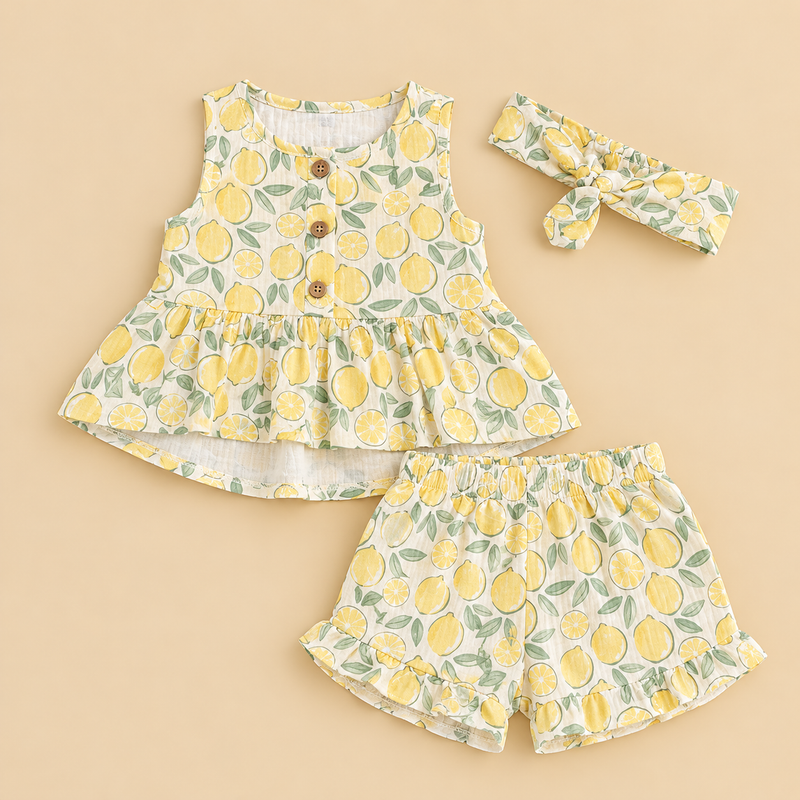 Baby Girls' Lemon Print Dress, Shorts & Headband Set – 3 Pieces