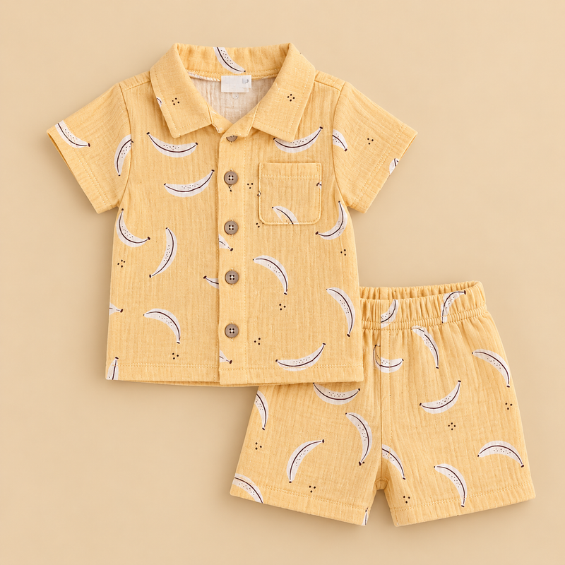 Banana Print Baby Boy Shirt & Shorts Set – 2 Piece | Mustard Yellow