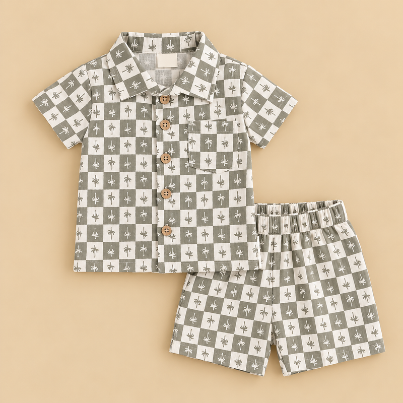 Tropical Checkered Palm Print Baby Shirt & Shorts Set – 2 Pieces | Organic Cotton