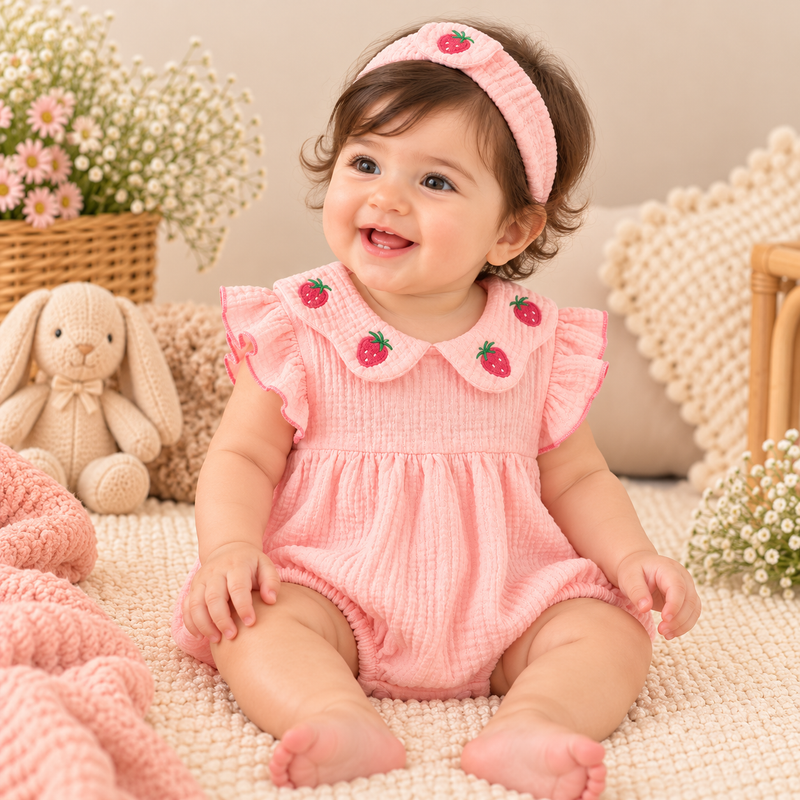 Baby Girls' Strawberry Embroidered Romper with Matching Headband – Peach Pink | 2-Piece Set