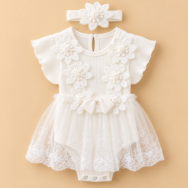 Ivory Floral Lace Baby Girl Romper Dress with Headband