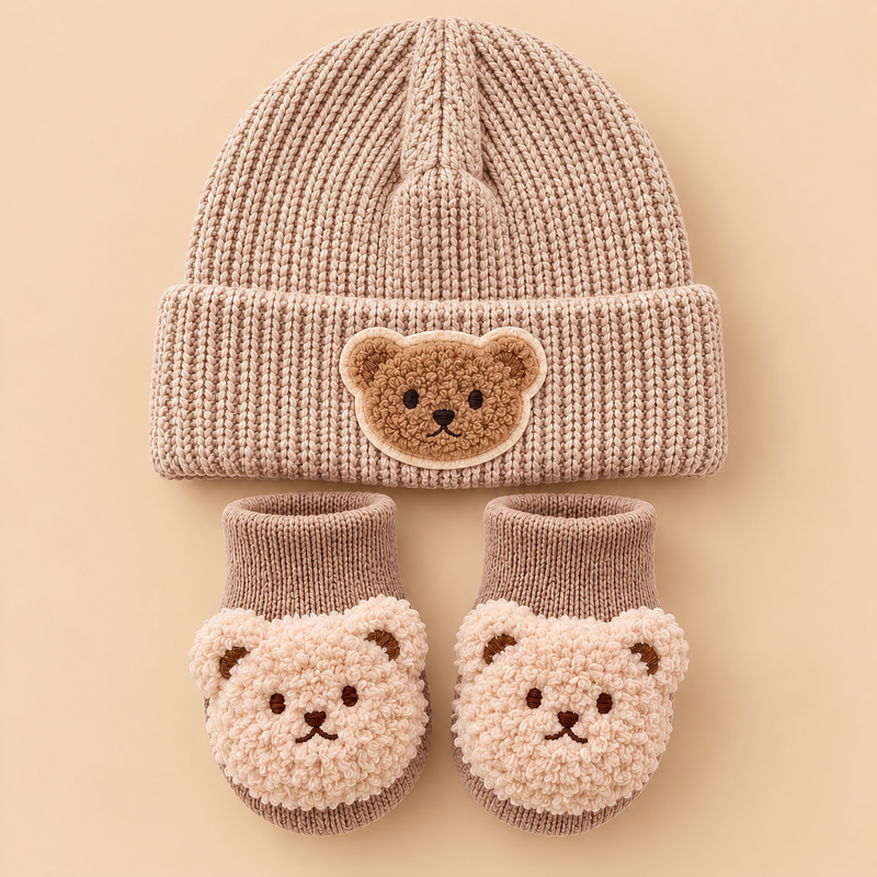 Teddy Bear Knitted Baby Beanie & Booties Set