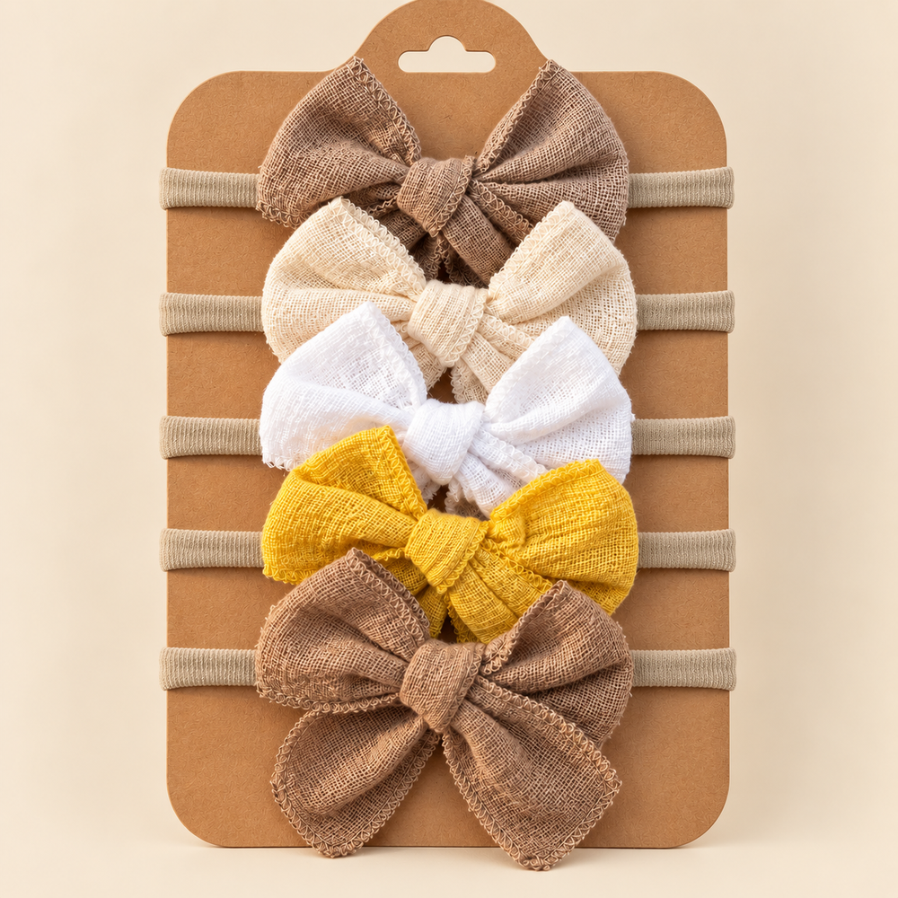 Baby Linen Bow Headband Set – 5 Pieces