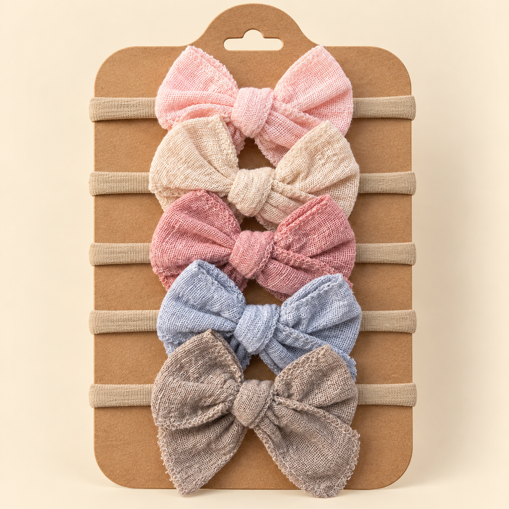 Baby Linen Bow Headband Set – 5 Pieces