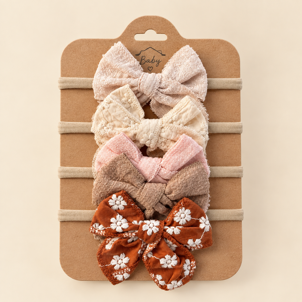 Baby Linen Bow Headband Set – 5 Pieces