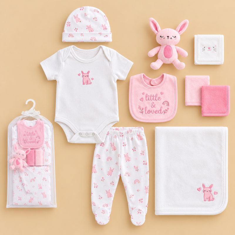 Little & Loved Bunny 10-Piece Gift Set – White & Baby Pink