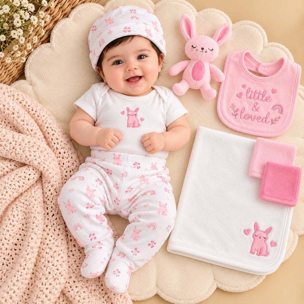 Little & Loved Bunny 10-Piece Gift Set – White & Baby Pink