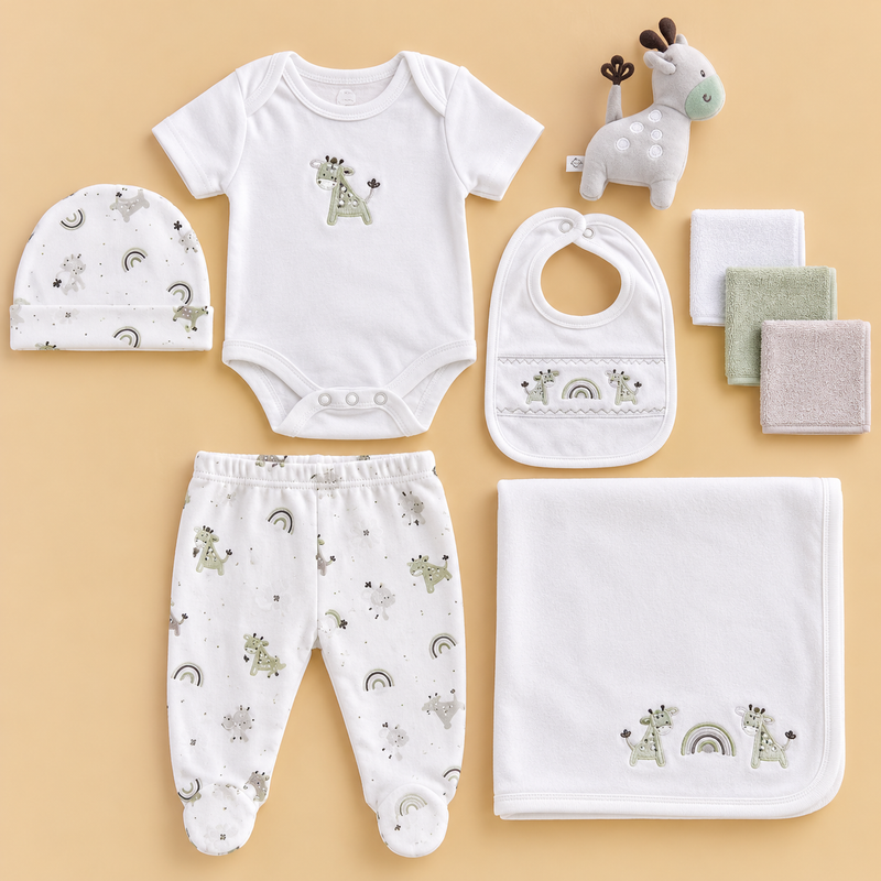 Baby Giraffe & Rainbow 10-Piece Newborn Gift Set – Sage Green & White