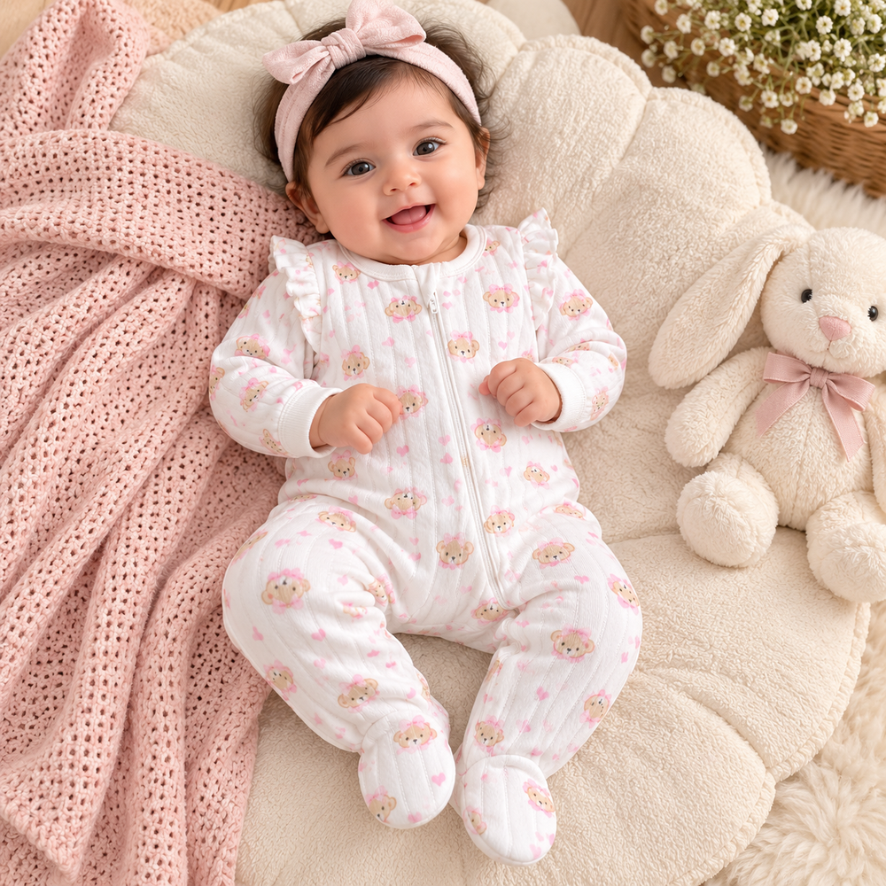 Baby Girl Quilted Teddy Bear Footed Romper – White & Pink
