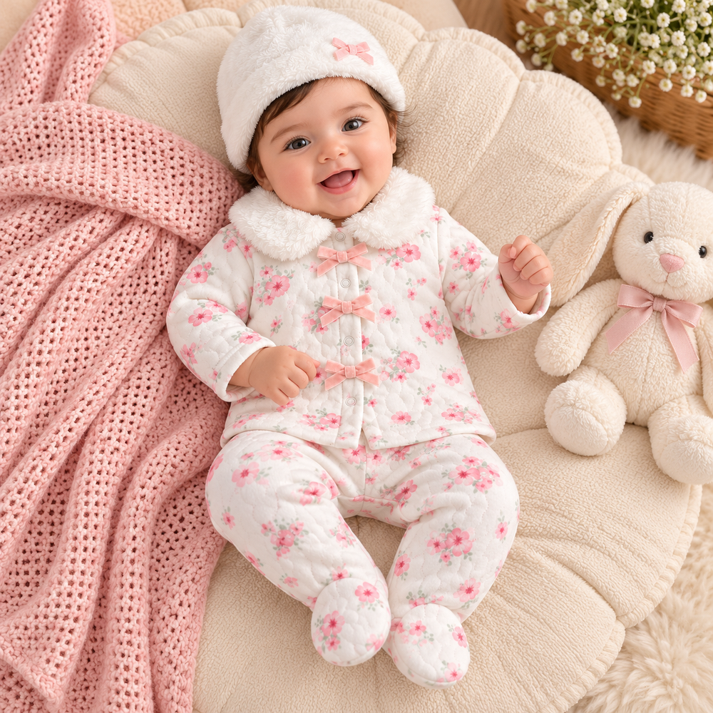 Princess Rose Floral Quilted Baby Girl 3-Piece Set – Cream & Pink