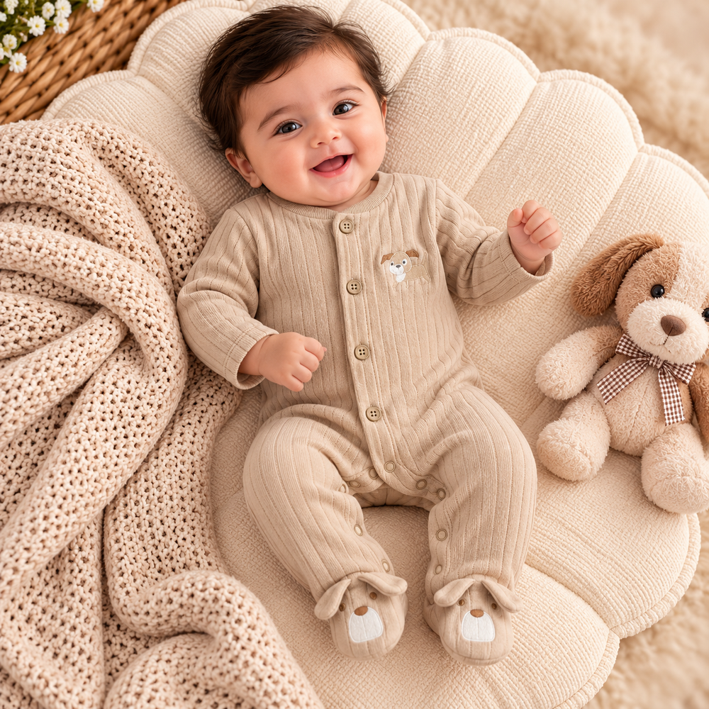 Puppy Love Ribbed Baby Sleepsuit with Cute Dog Footies – Warm Beige