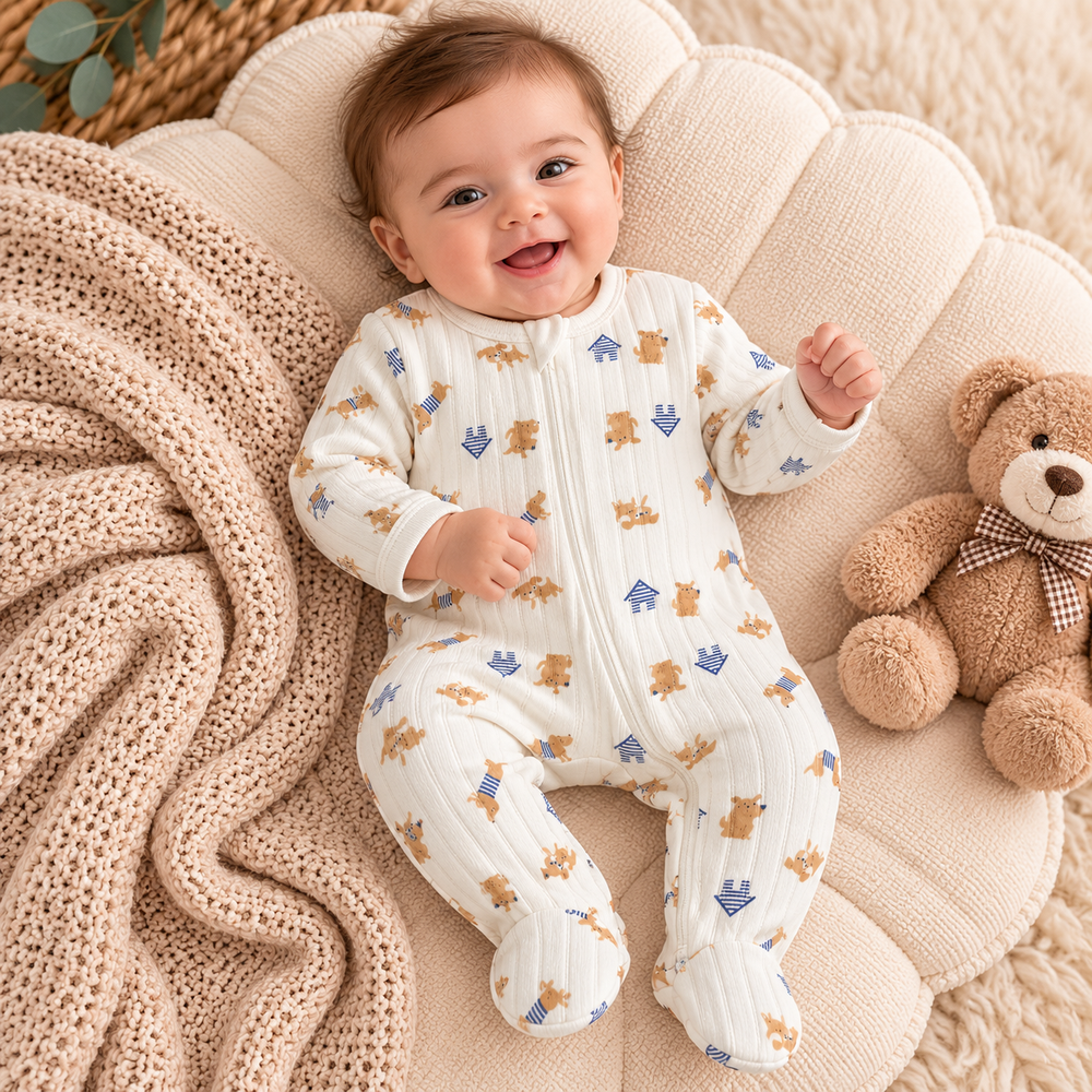 Little Puppy Quilted Baby Sleepsuit – Cream & Navy Blue