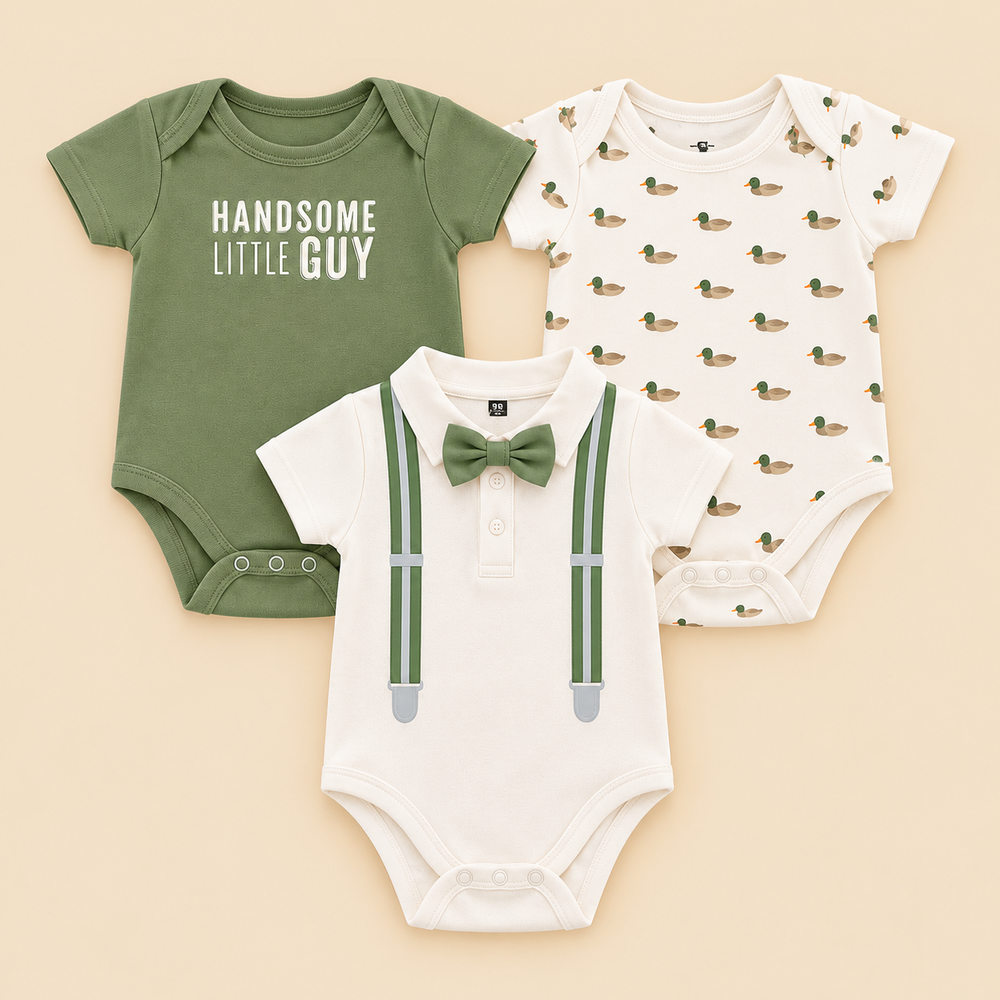 Handsome Little Guy 3-Piece Cotton Baby Boy Bodysuit Set – 0–12 Months