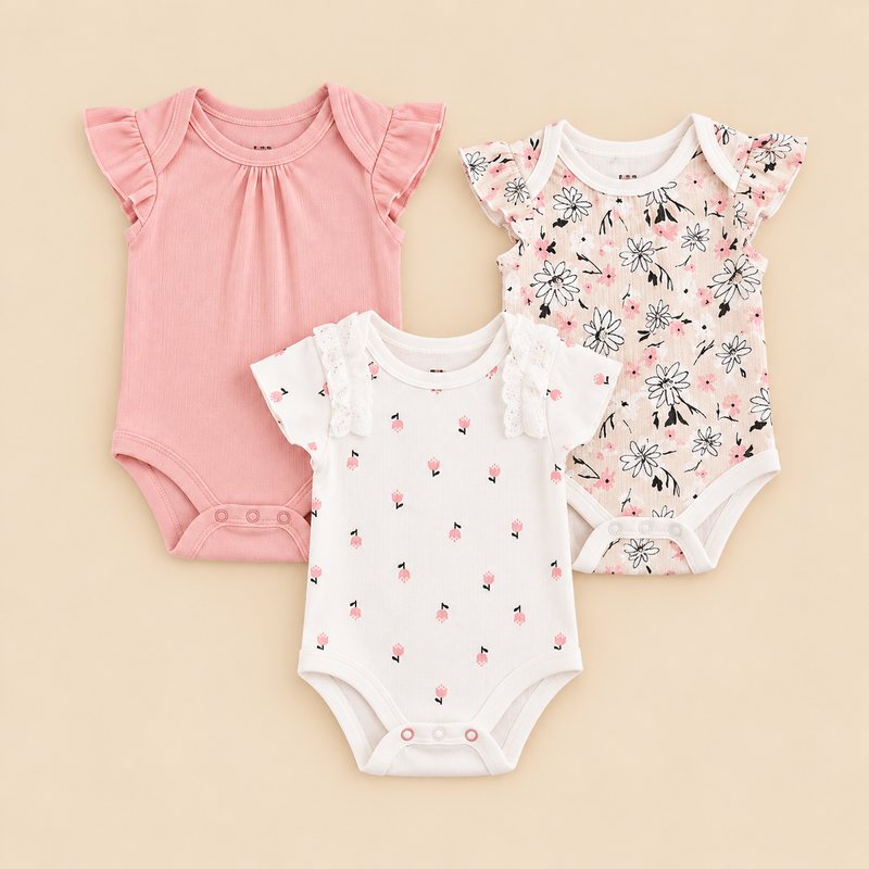 Floral Blossom 3-Piece Cotton Baby Girl Bodysuit Set – Pink & White (0–12 Months)