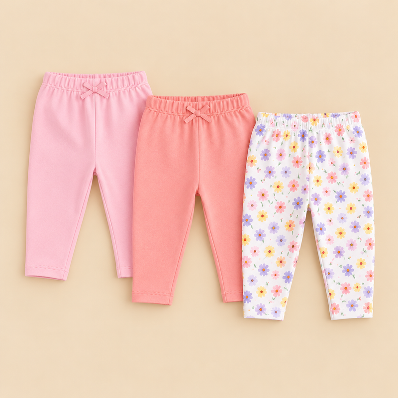 Pretty Petals 3-Piece Cotton Baby Girl Pants Set – 0–12 Months