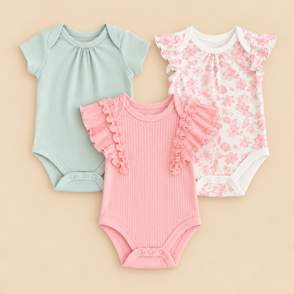 Sweet Petals 3-Piece Cotton Baby Girl Bodysuit Set – Mint Green, Pink & Floral (0–12 Months)