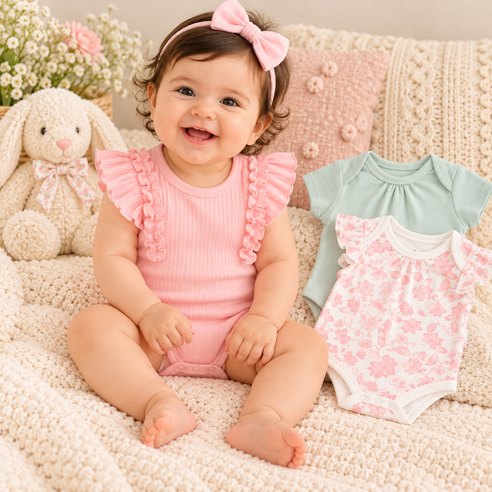 Sweet Petals 3-Piece Cotton Baby Girl Bodysuit Set – Mint Green, Pink & Floral (0–12 Months)