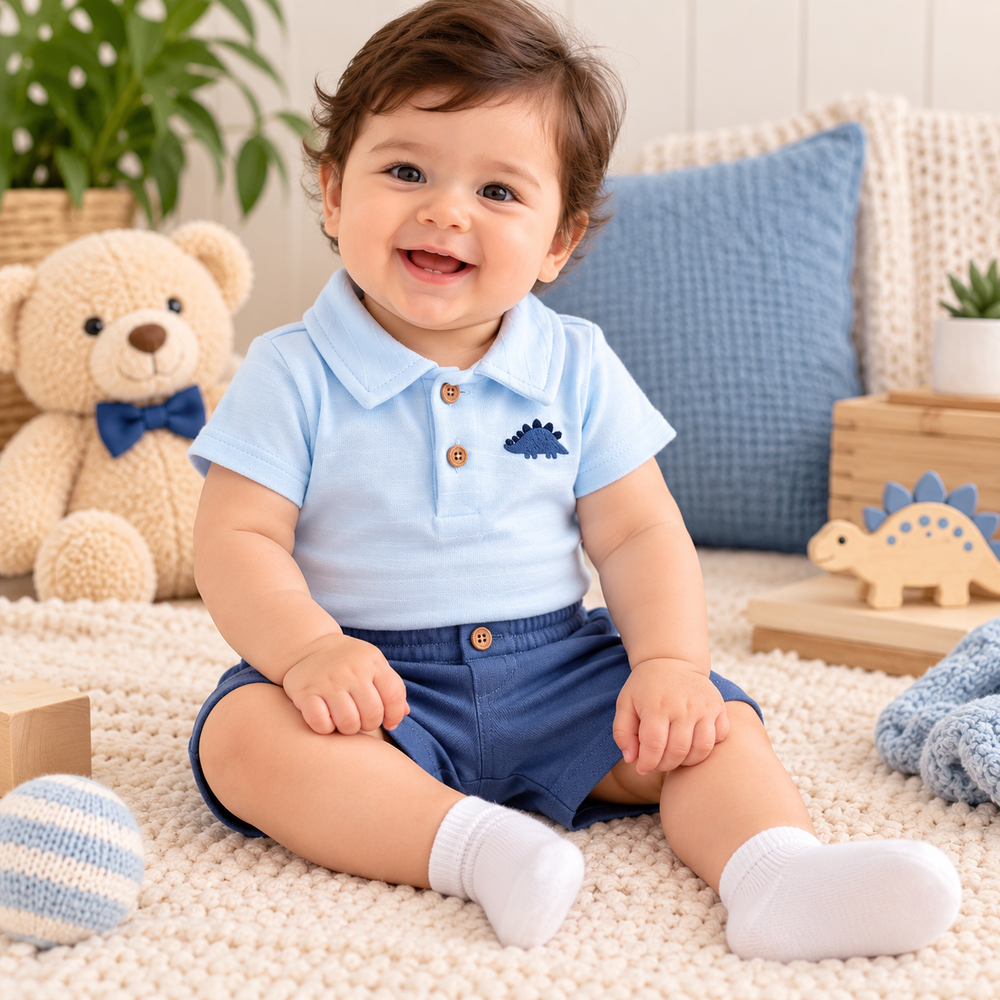 Little Dino Gentleman 2-Piece Cotton Baby Boy Bodysuit & Shorts Set – Light Blue & Navy (0–12 Months)