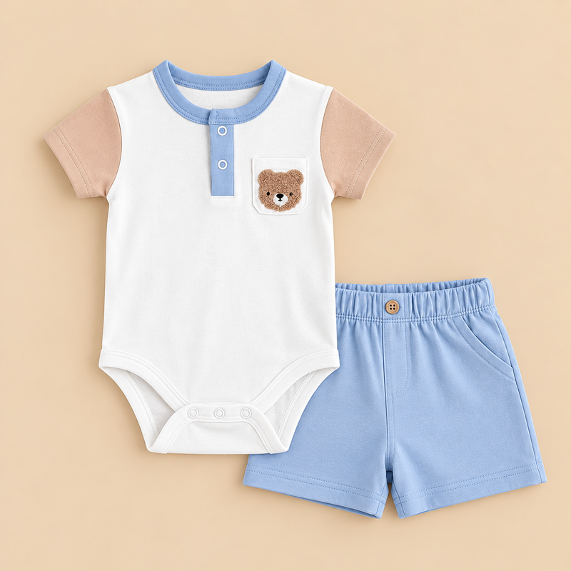 Little Teddy Gentleman 2-Piece Cotton Baby Boy Bodysuit & Shorts Set – (0–12 Months)