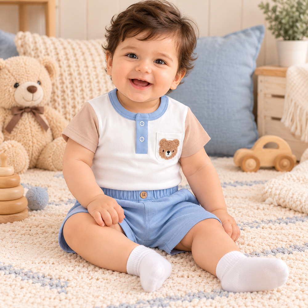 Little Teddy Gentleman 2-Piece Cotton Baby Boy Bodysuit & Shorts Set – (0–12 Months)