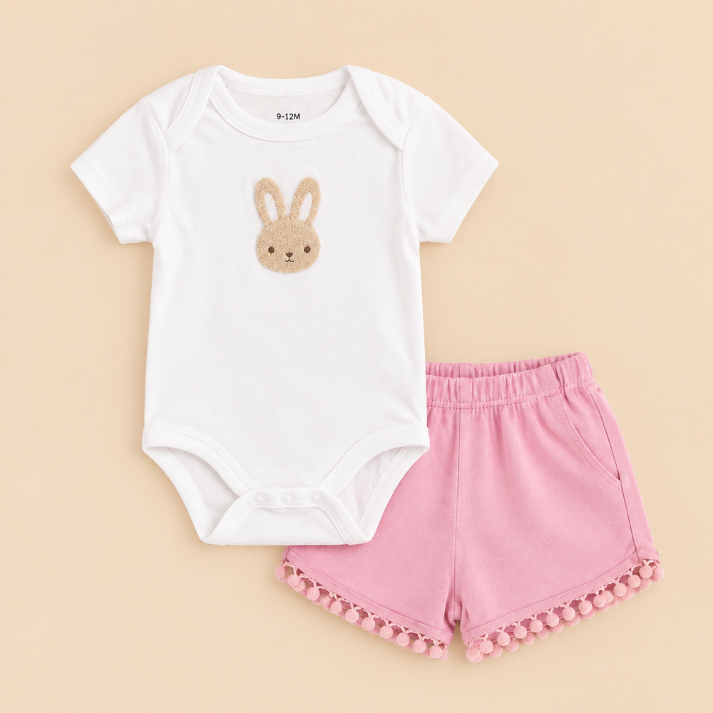 Little Bunny 2-Piece Cotton Baby Girl Bodysuit & Shorts Set – White & Baby Pink (0–12 Months)