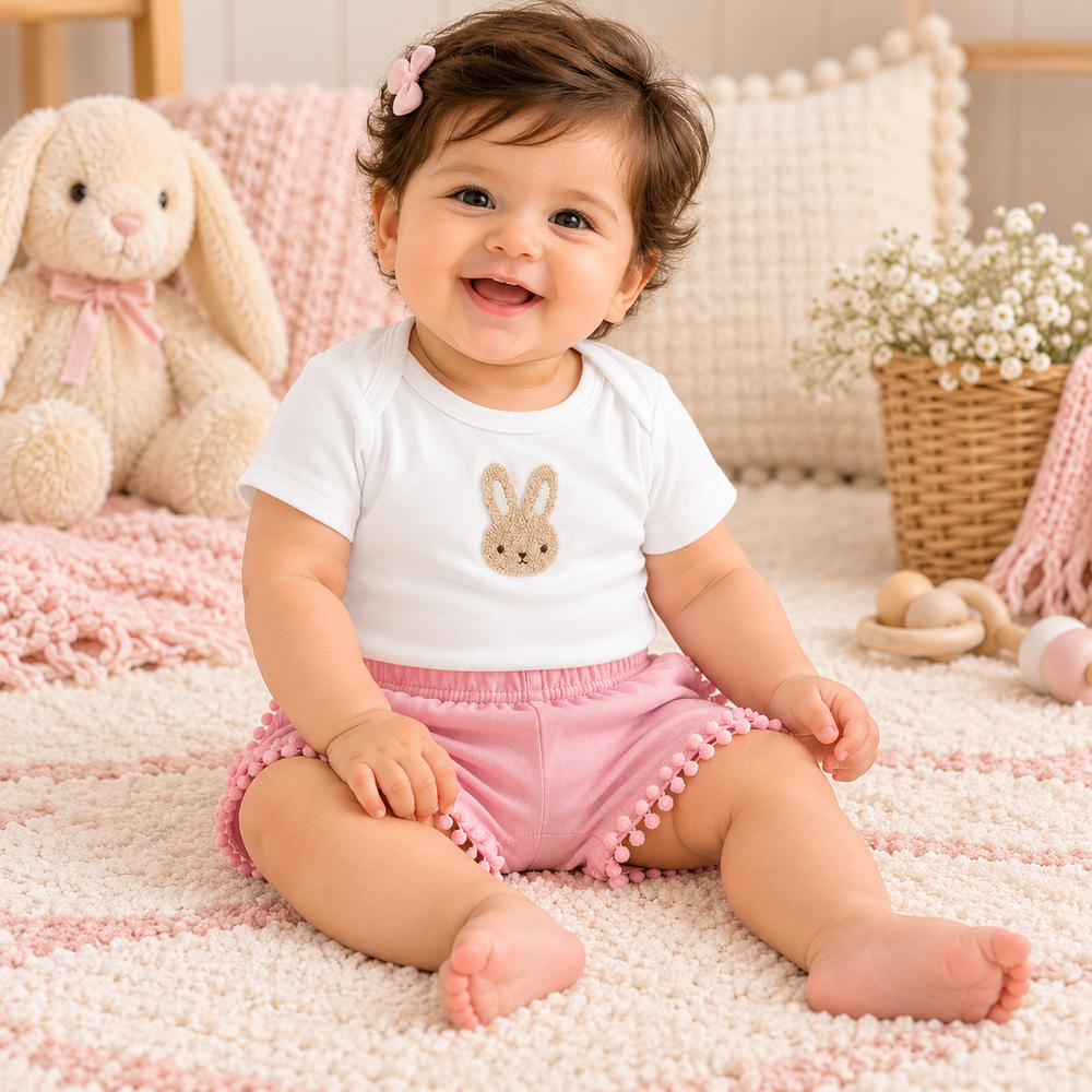 Little Bunny 2-Piece Cotton Baby Girl Bodysuit & Shorts Set – White & Baby Pink (0–12 Months)