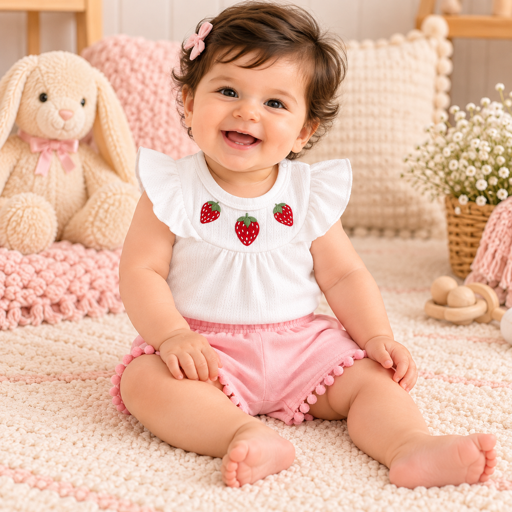 Baby Girls' Strawberry Embroidered Bodysuit & Pink Shorts Set – 2 Pieces