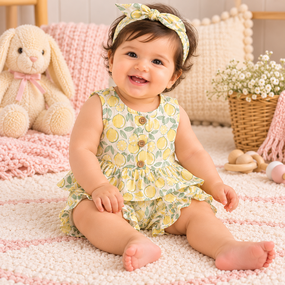 Baby Girls' Lemon Print Dress, Shorts & Headband Set – 3 Pieces