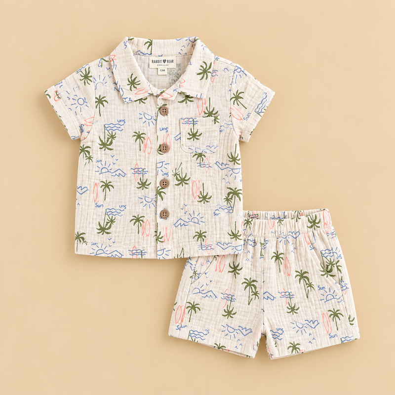 Beach Print Baby Boy Shirt & Shorts Set – 2 Piece