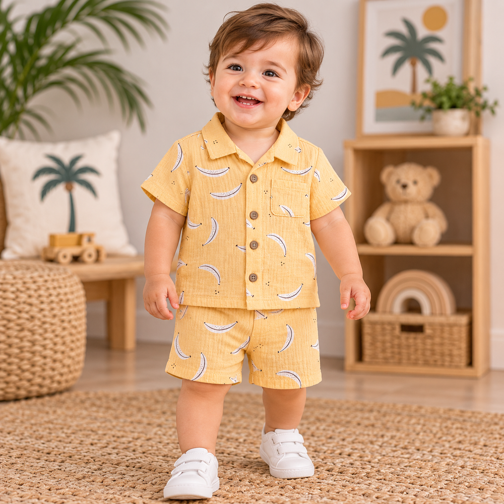 Banana Print Baby Boy Shirt & Shorts Set – 2 Piece | Mustard Yellow