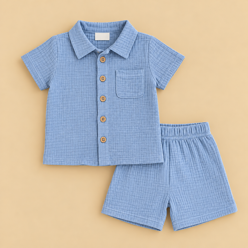 Classic Sky Blue Baby Shirt & Shorts Set – 2 Pieces | Organic Cotton