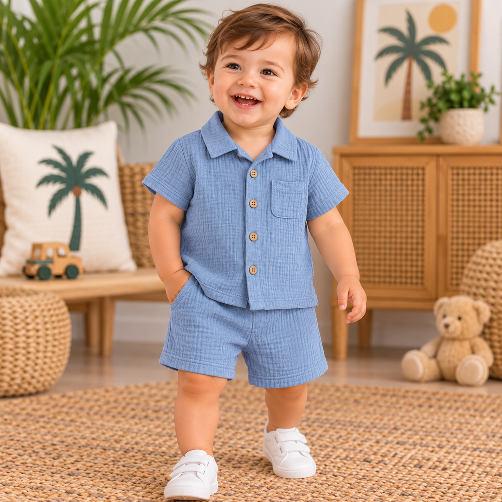 Classic Sky Blue Baby Shirt & Shorts Set – 2 Pieces | Organic Cotton
