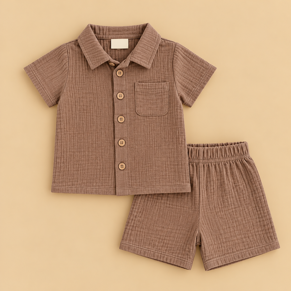 Product Title: Baby Boys’ Classic Mocha Brown Cotton Shirt & Shorts Set – 2 Pieces