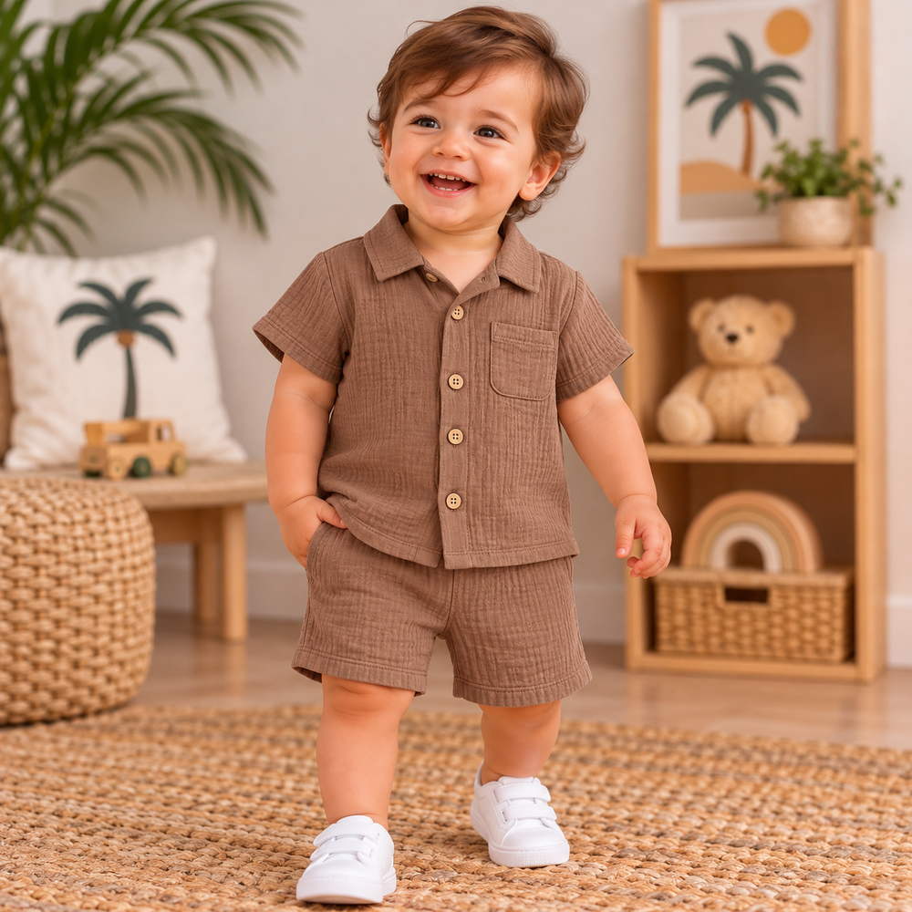 Product Title: Baby Boys’ Classic Mocha Brown Cotton Shirt & Shorts Set – 2 Pieces