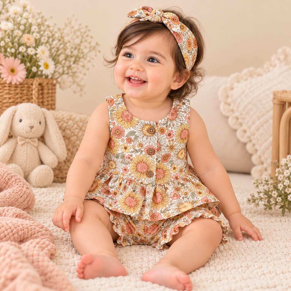 Baby Girls’ Vintage Sunflower Floral Dress, Shorts & Headband Set – 3 Piece