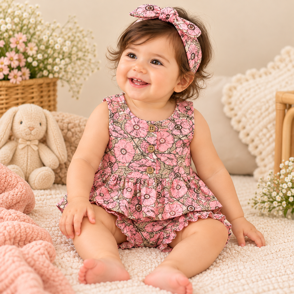 Baby Girl Pink Floral 3-Piece Dress, Shorts & Headband Set | 100% Cotton
