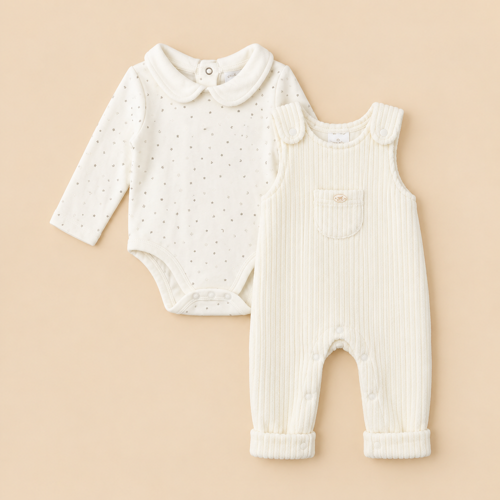 Cozy Little Star Baby Dungaree & Bodysuit Set – Ivory Cream (2 Pieces)