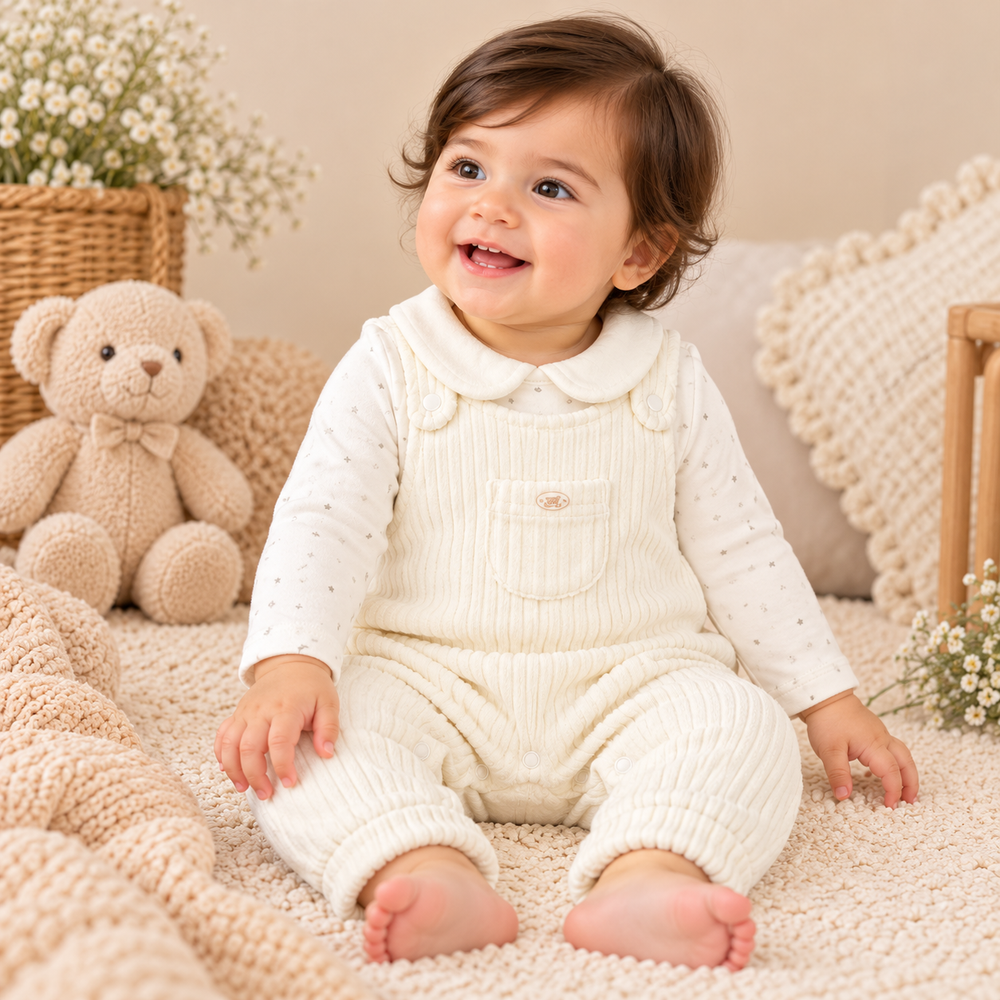 Cozy Little Star Baby Dungaree & Bodysuit Set – Ivory Cream (2 Pieces)
