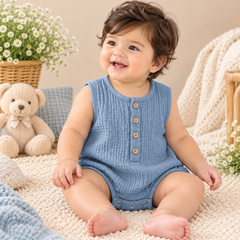 Premium Cotton Muslin Sleeveless Baby Romper – Soft & Breathable | 6 Colours