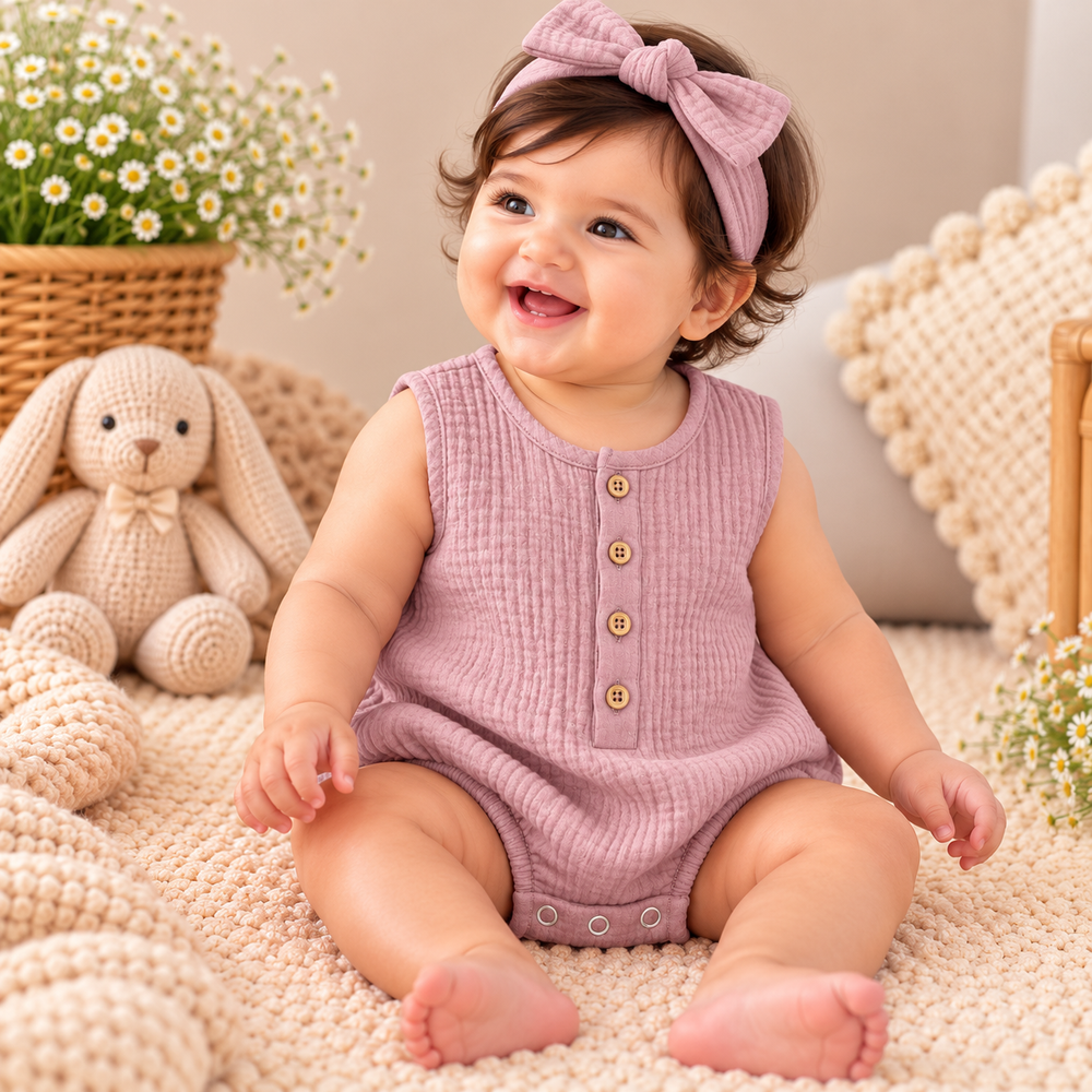 Premium Cotton Muslin Sleeveless Baby Romper – Soft & Breathable | 6 Colours