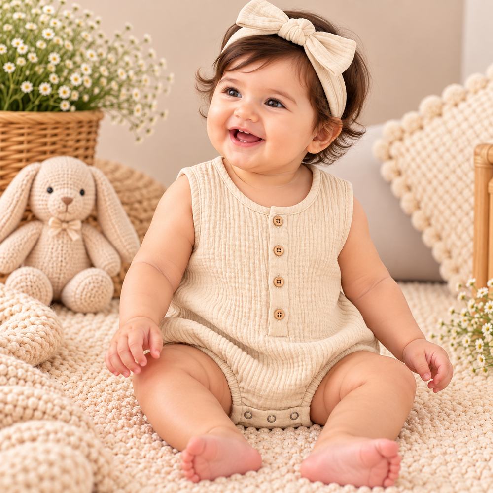 Premium Cotton Muslin Sleeveless Baby Romper – Soft & Breathable | 6 Colours