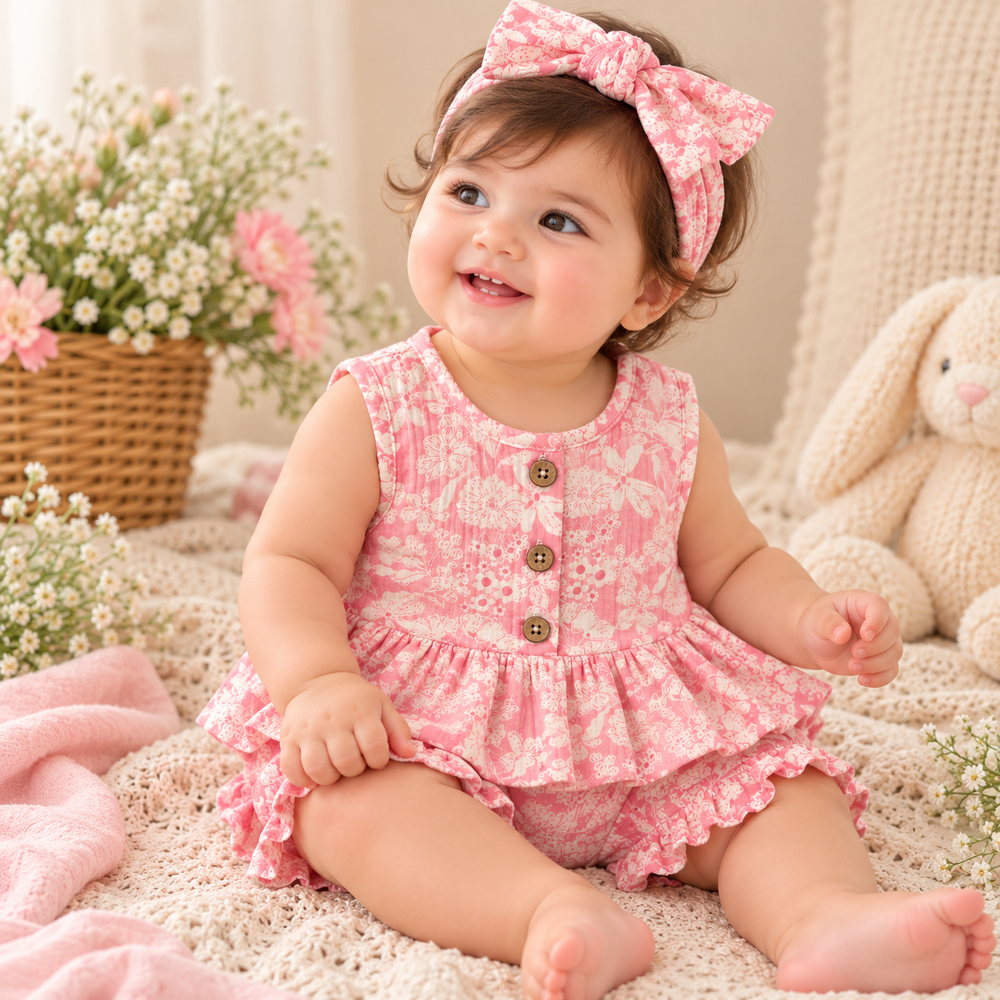 Baby Girl Pink Floral Peplum Top, Shorts & Bow Headband Set – 3 Pieces