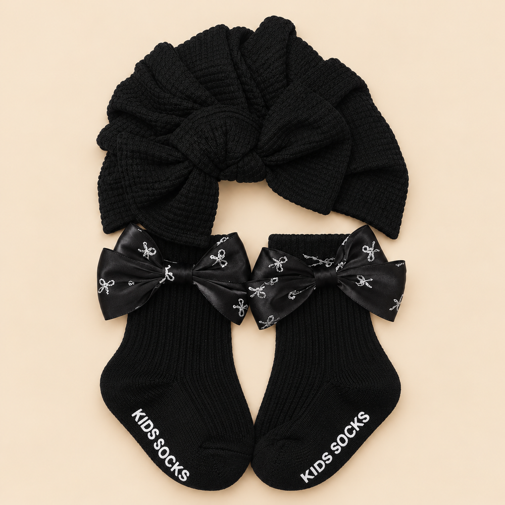 Baby Girl Bow Turban & Matching Socks Set – 2 colours