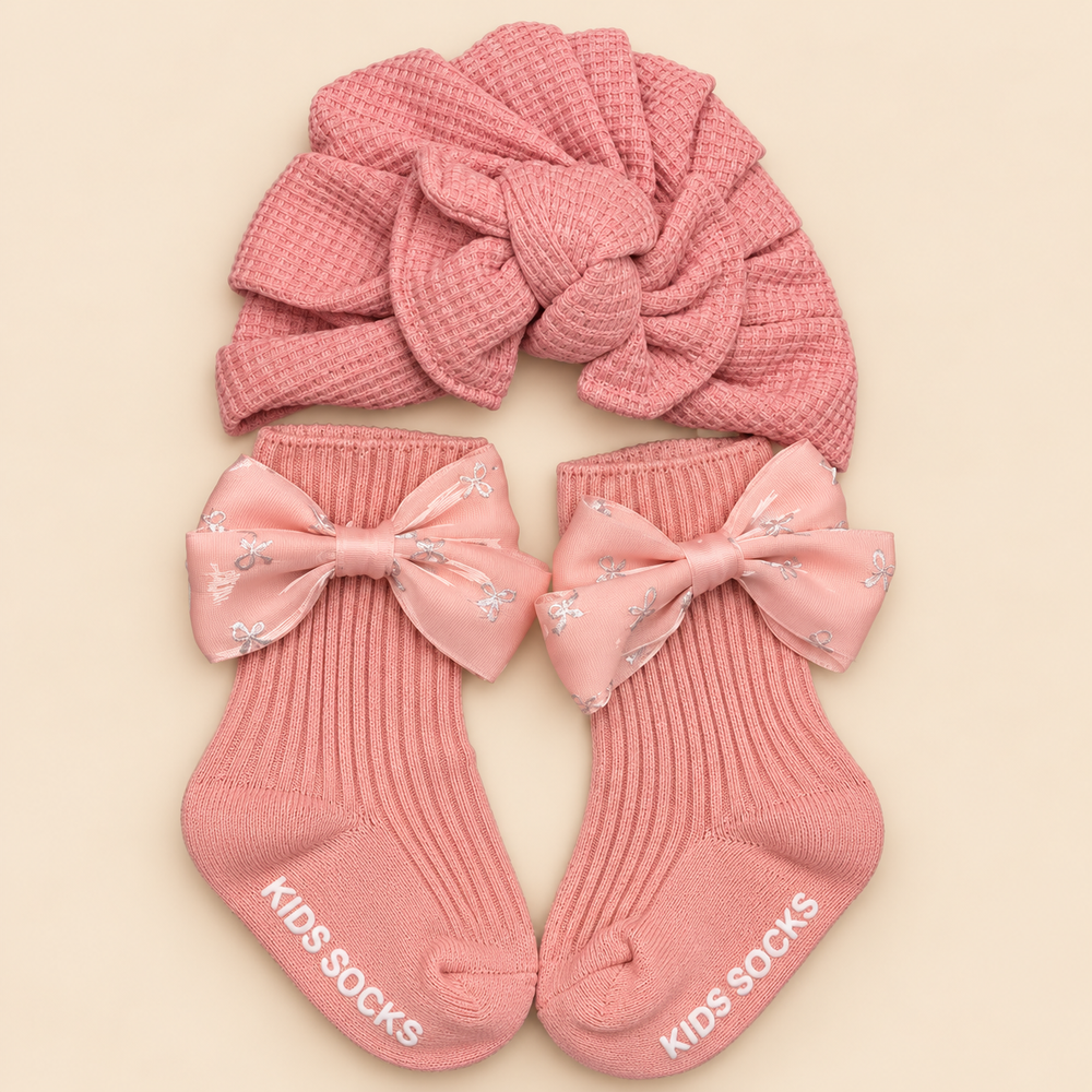 Baby Girl Bow Turban & Matching Socks Set – 2 colours