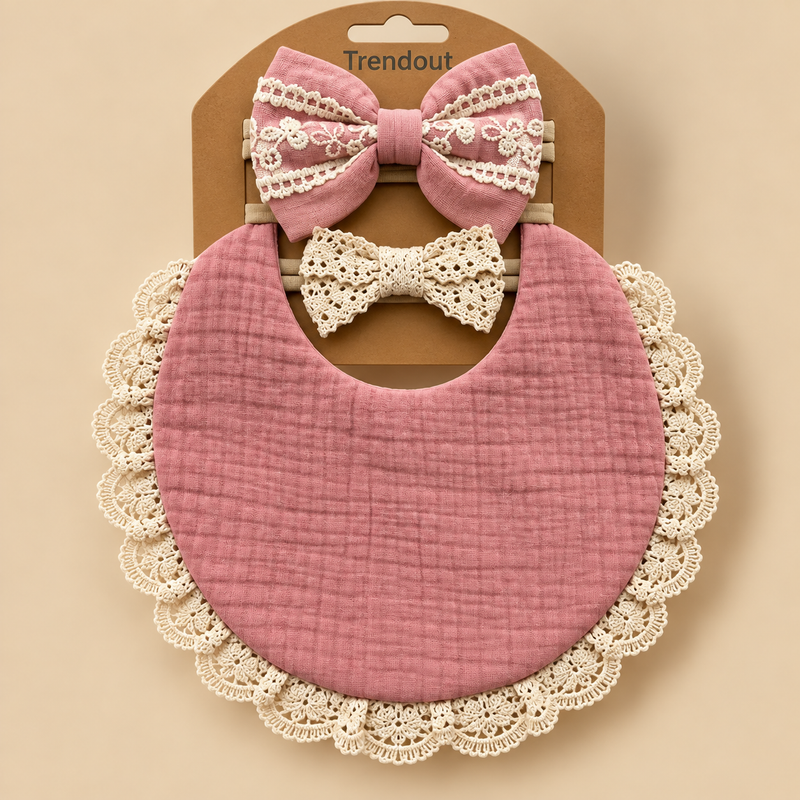 Vintage Lace Muslin Bib & Bow Headband Set – 3 Piece