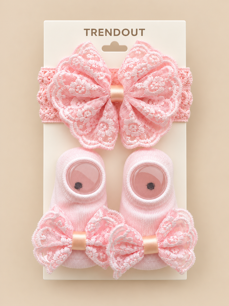 Baby Girls Lace Bow Headband & Socks Set – 3 Colors