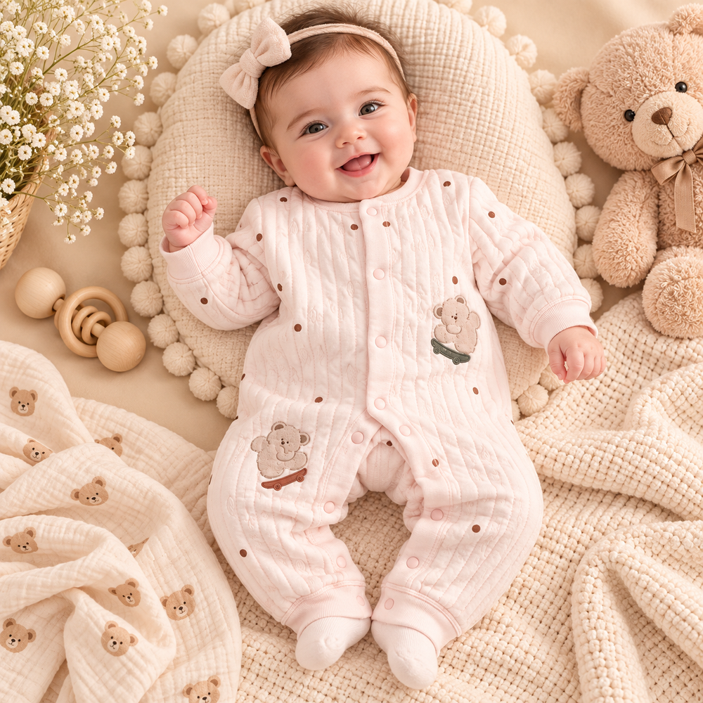 Cozy Quilted Teddy Baby Romper – 3 Colors