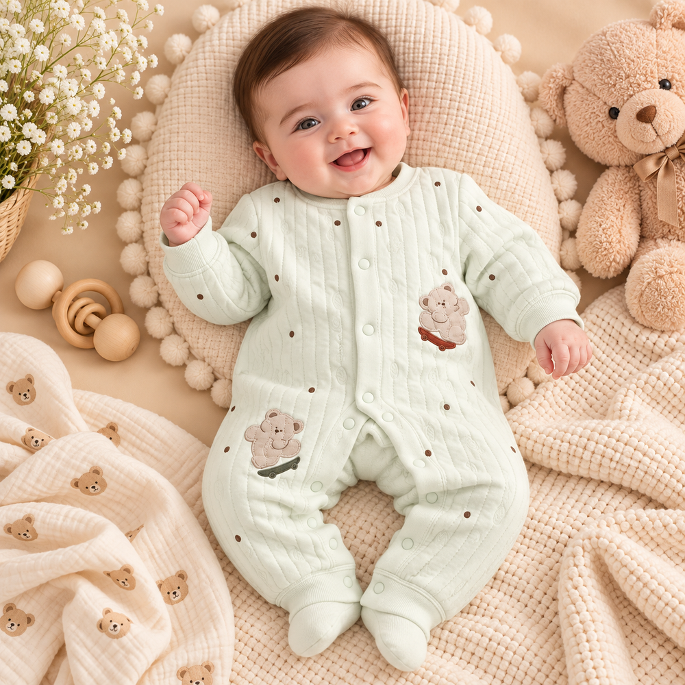 Cozy Quilted Teddy Baby Romper – 3 Colors